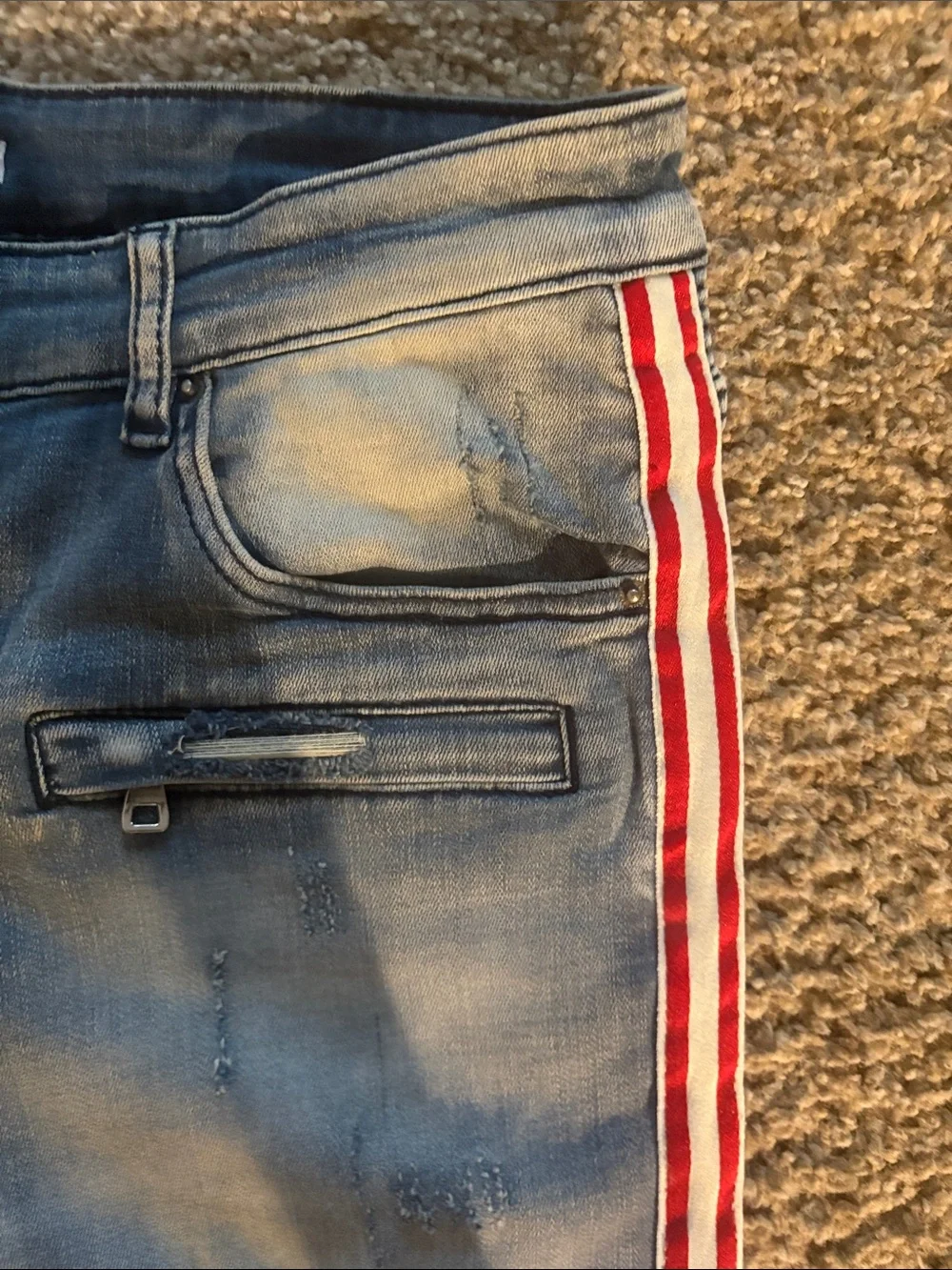 Light Blue Skinny Jeans with Red Side Stripes - Men's